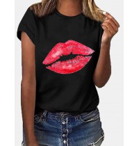 Women Casual Crew Neck Lips Print Short Sleeve Basic Tee T  shirts