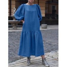 Women Puff Sleeve Calf Length Solid Color Buttons Casual Midi Dresses