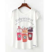 Women Casual Crew Neck Short Sleeved Cat Ice Cream Print Summer T  shirts