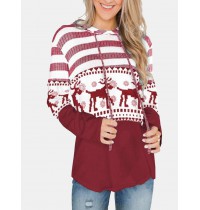 Women Christmas Elk Stripe Patchwork Casual Long Sleeve Drawstring Hoodies