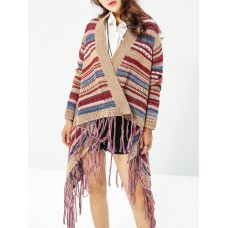 Ethnic Women Colorful Striped Long Sleeve Tassel Sweater Cardigan