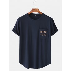 Text Print Round Neeck Navy Short Sleeve T  Shirts With Pocket