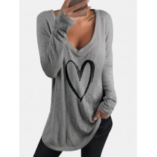 Casual Loose Love Printed V Neck Long Sleeves T  shirts For Women