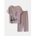 Women Butterfly Flower Print Loungewear Loose Breathable Summer Pajamas