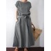 Solid Color Short Sleeve O  neck Knotted Cotton Dress