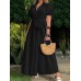 Solid Puff Sleeve Belt Bow Button Lapel Maxi Shirt Dress