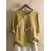 Flower Embroidery O  neck Long Sleeve Button Vintage T  shirts