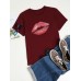 Women Casual Crew Neck Lips Print Short Sleeve Basic Tee T  shirts