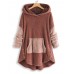 Women Contrast Color Splice Irregular Hem Hooded Fleece Sweatshirt Coats