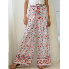 Bohemian High Waist Knotted Floral Print Holiday Ethnic Wide Leg Pants