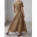 Solid Pocket Short Sleeve V  neck Swing Maxi Dress