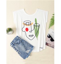 Women Casual Graffiti Print White Wild Tank Top Loose T  shirts