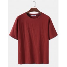 Solid Color Flax Breathable Round Neck Short Sleeve T  Shirts