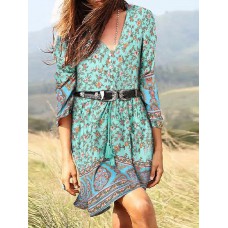 Bohemian Floral Print Tie Button V  neck Mini Dress