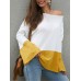 Plus Size Contrast Color One Shoulder Bell Sleeve Knit Sweaters