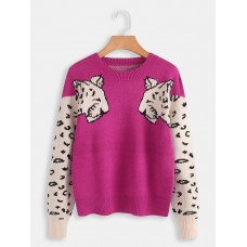 Women Leopard Print Round Neck Long Sleeve Sweaters