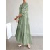 Solid Button Half Sleeve V  neck Loose Casual Maxi Dress