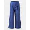 Women Solid Color Side Split Cuffs Elastic Mid Waist Long Wide Leg Pants With Pockets