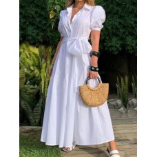 Solid Puff Sleeve Belt Bow Button Lapel Maxi Shirt Dress